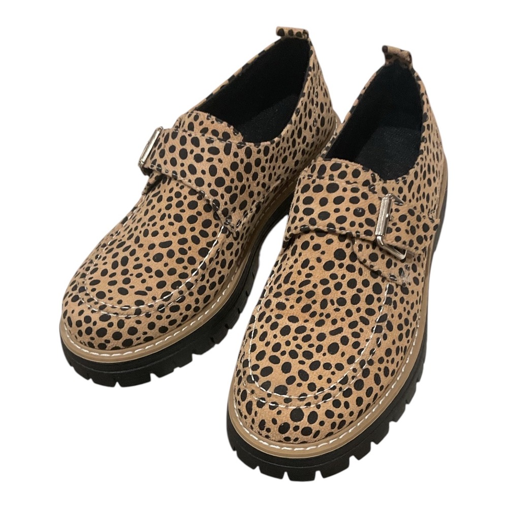 Leopard Print Monk Strap Lug Sole Loafers Chunky Platform Shoes Tan Black 39